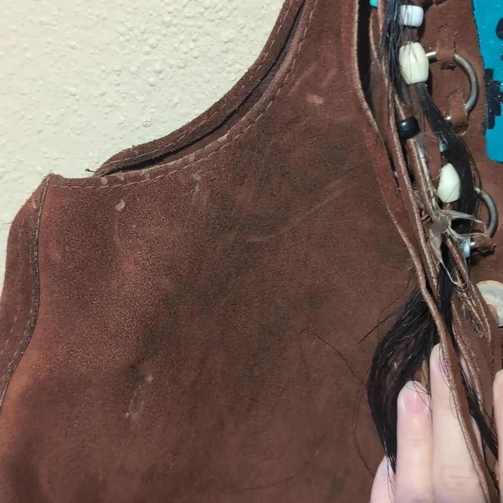 Brown Suede Fringe Vest with Hand Painted Eagle and Feathers - Picture 6 of 8